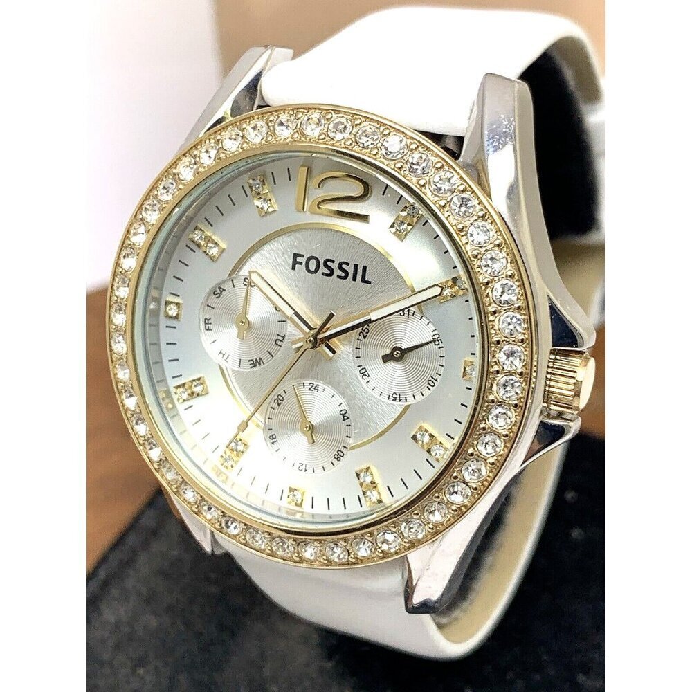Fossil Women's Watch ES3204 Riley Quartz Gemmed Two Tone White Leather Band 38mm